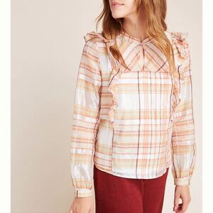 Anthropologie Current Air Ruffle Plaid Long Sleeve Blouse